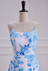 Blue Floral Print A Line Spaghetti Strap Dress Chiffon Prom Dress